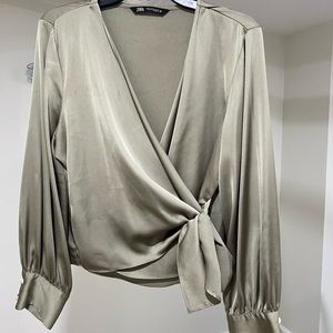 ZARA Satin Green Wrap Top with Pearl Buttons